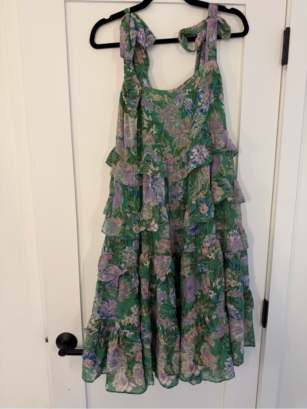 Green Floral Ruffle Tie-Shoulder Midi Dress